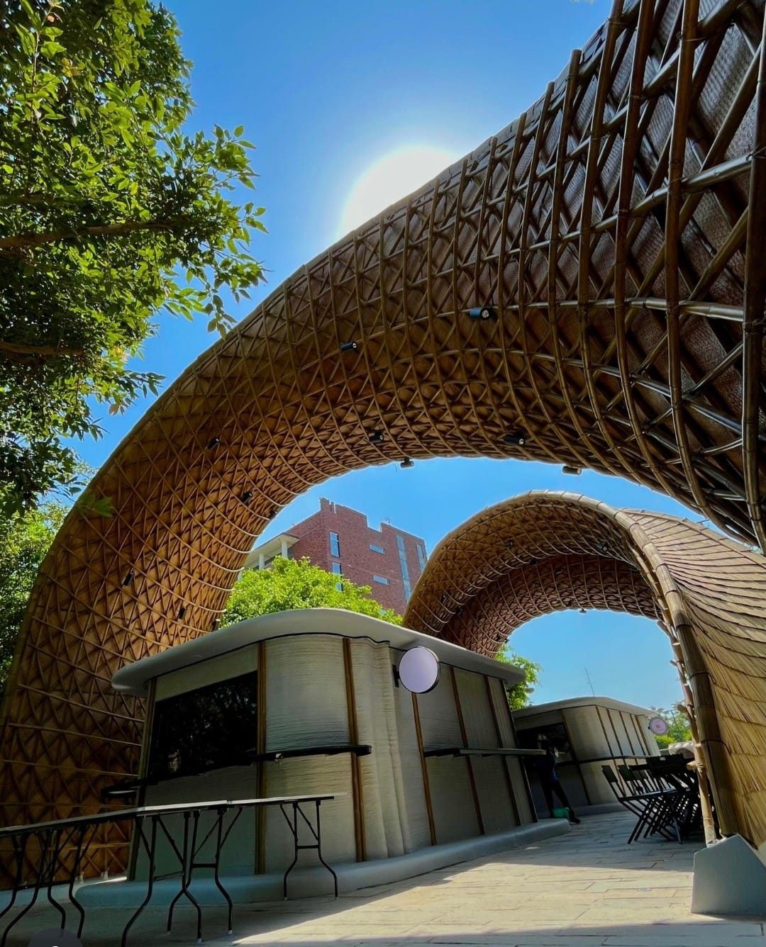 The sculpted lattice canopy over the campus canteen at Ashoka University.