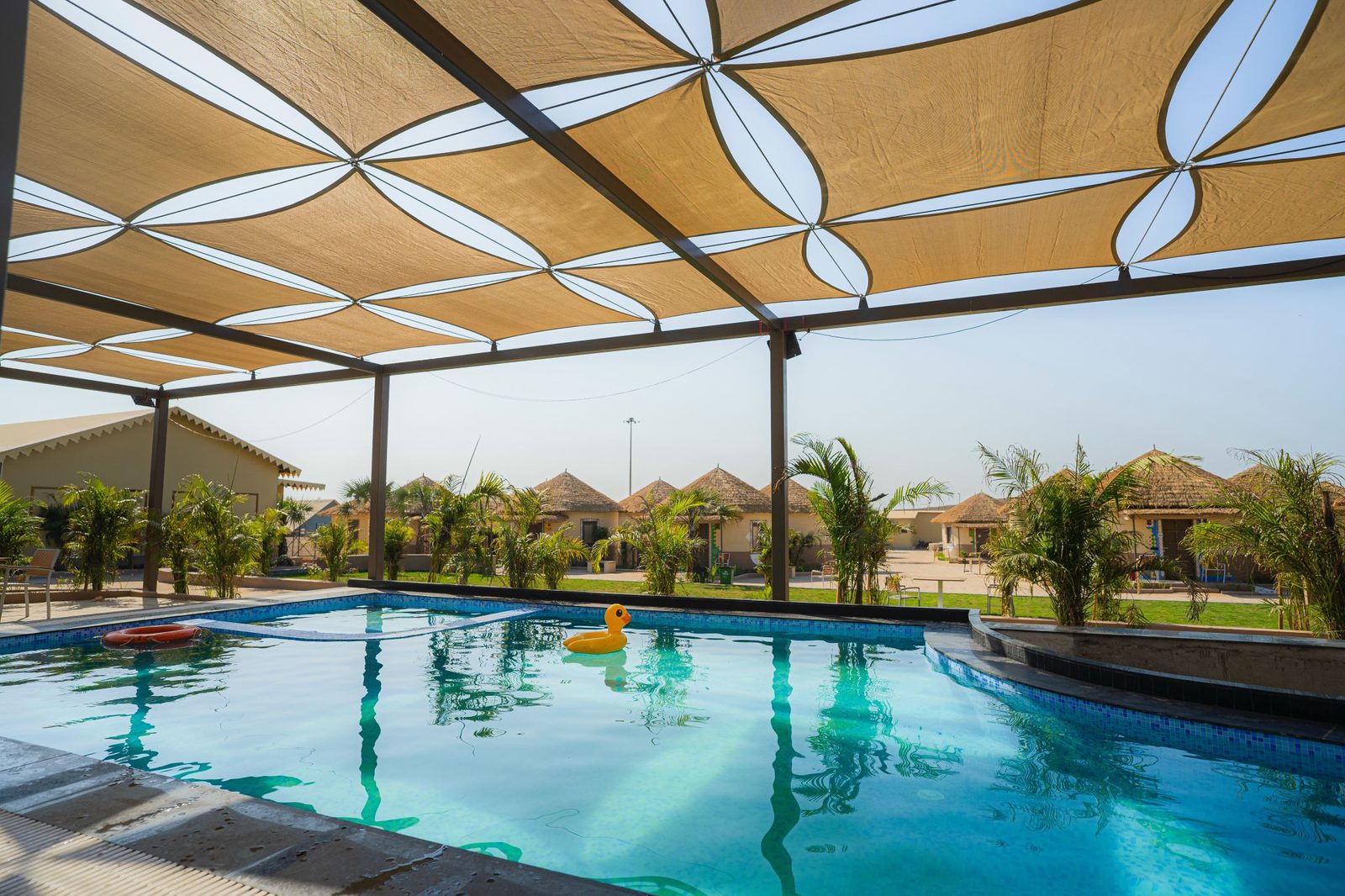 Pool and guest areas at the 3D printed resort in Diu.