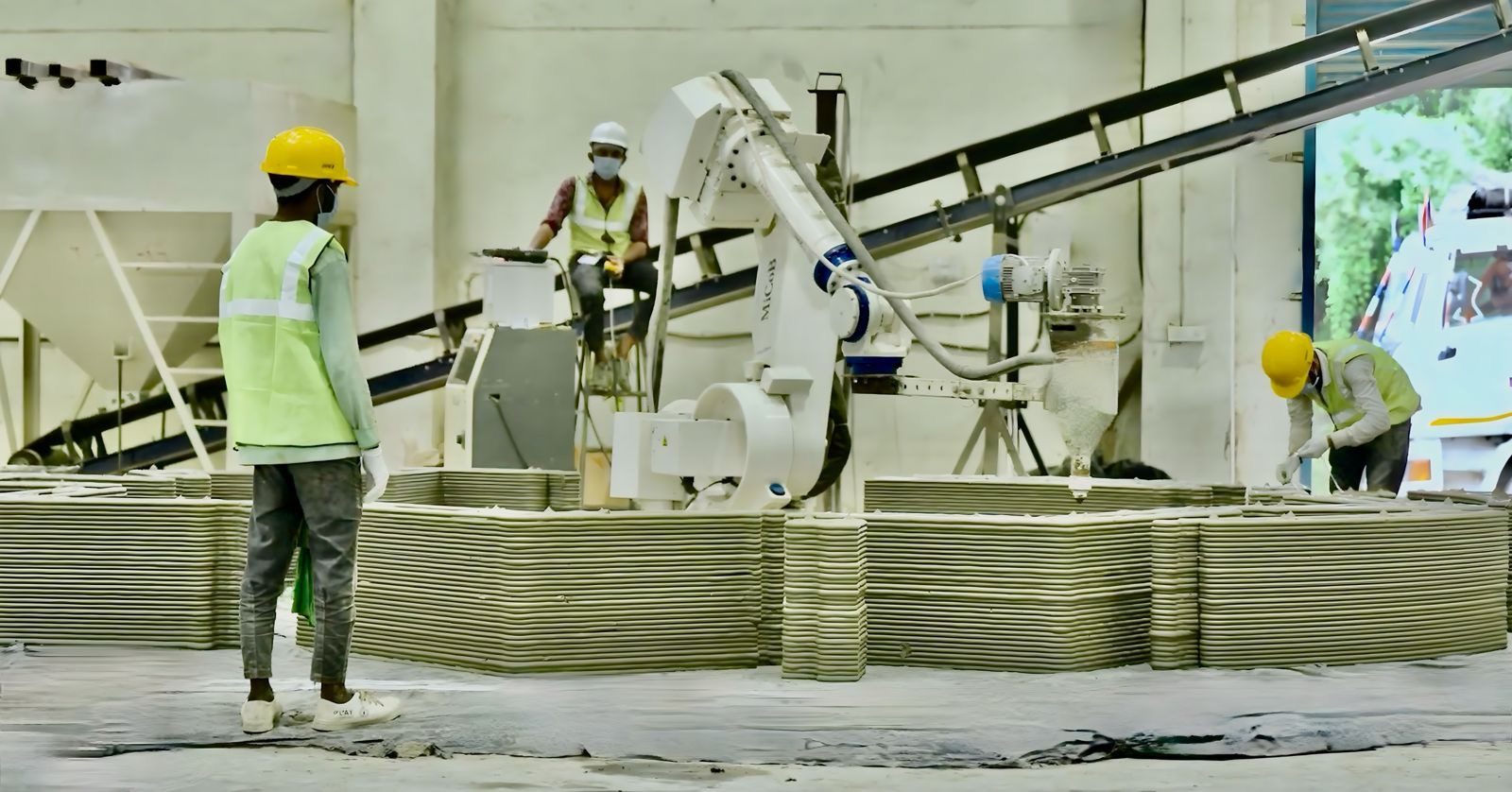 Robotic 3D concrete printing under way on the production floor at MiCoB's manufacturing facility.