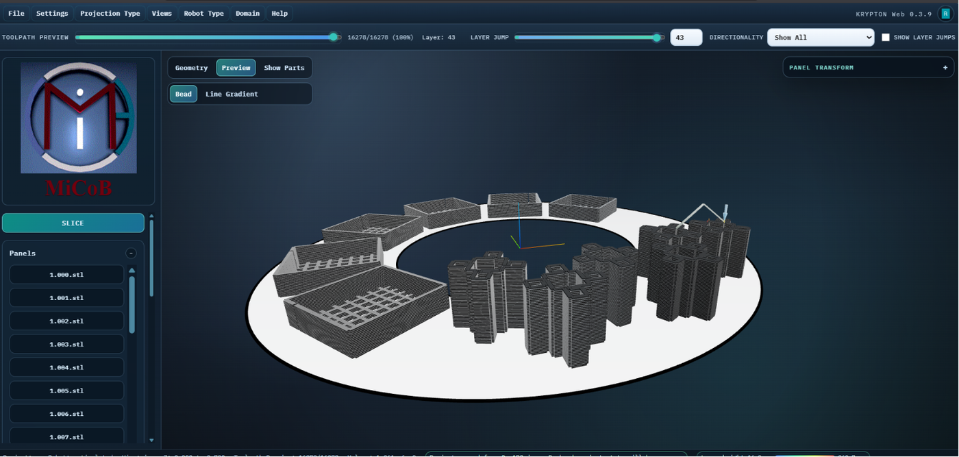 Krypton, MiCoB's slicing and simulation platform, showing a generated robotic print path.