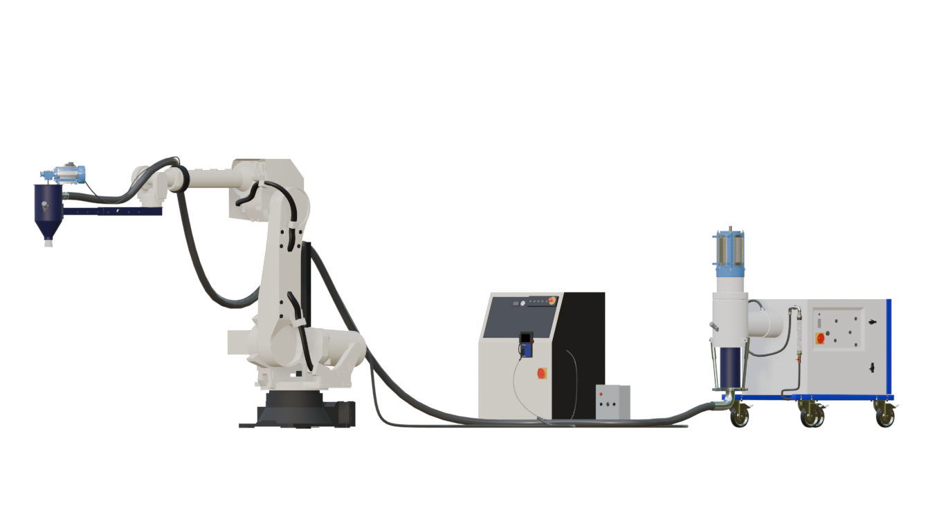 MiCoB Atri entry-level 3D concrete printing system with manual dry-mix feeding and automated wet mixing.