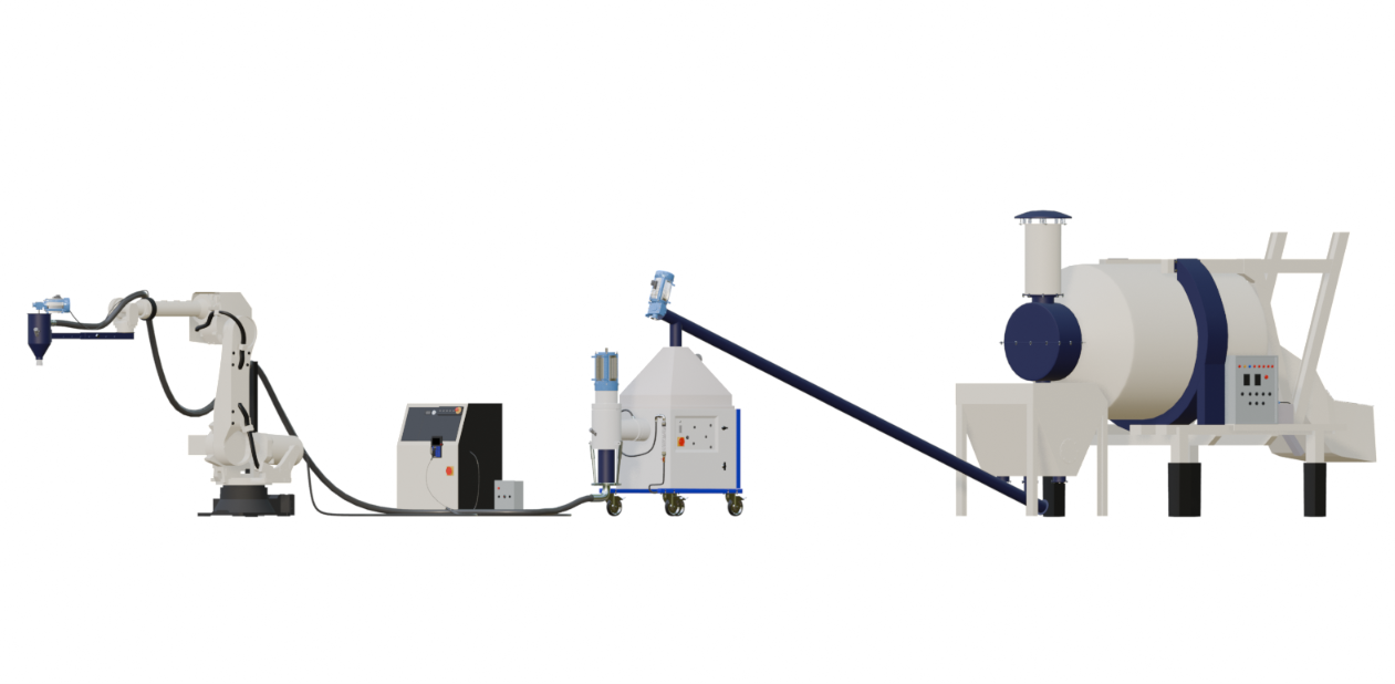 MiCoB Agastya semi-automatic 3D concrete printing system with mobile reversible drum mixer.