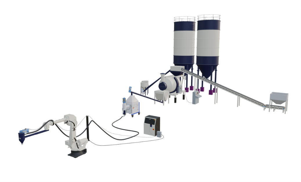 MiCoB Sushrut fully automated 3D concrete printing line with silo storage, conveying and robotic printing cell.